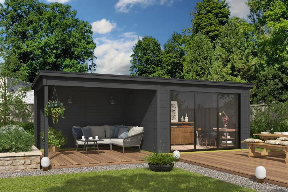 Outdoor Life Blokhut Pernilla met Overkapping Carbon Grey 385 x 295 cm - Afbeelding 1